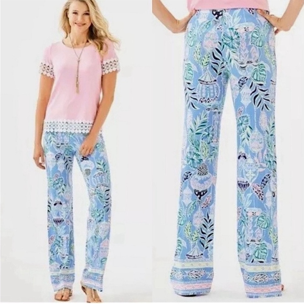 Lilly Pulitzer Georgia May Palazzo Pant Blue Peri Lapis Lanterns Sz L NEW